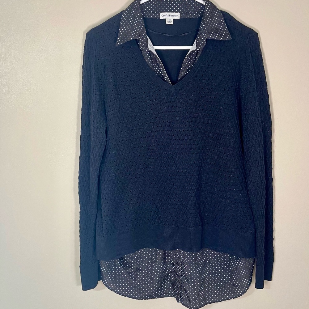 Women’s Size M Croft & Barrow Black V-Neck Sweater Layered Polka Dot